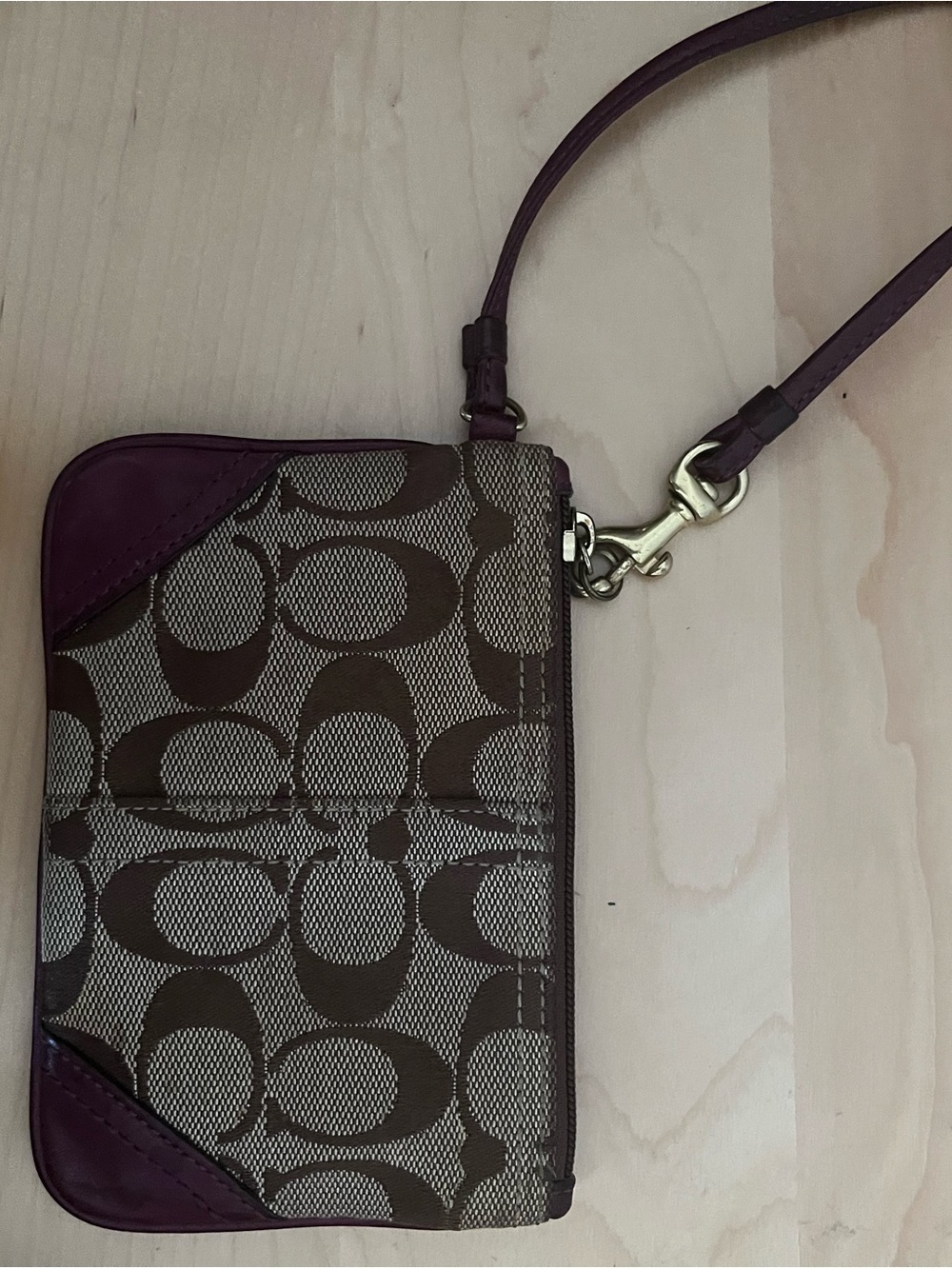 Coach Brown Signature Canvas Wristlet with Purple Trim